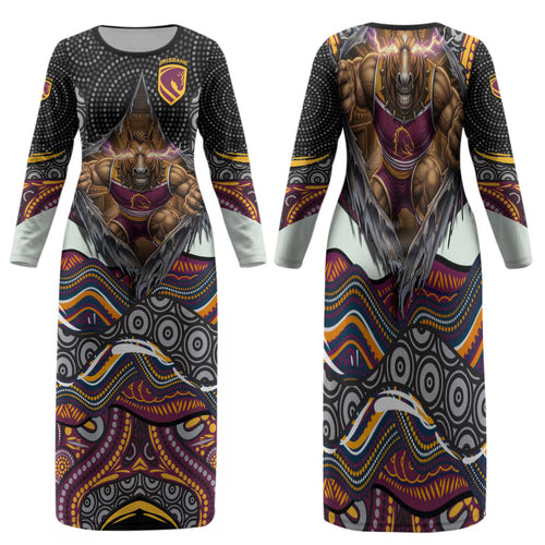 Brisbane Broncos Family Matching Long Sleeve Bodycon Dress and Hawaiian Shirt The Scream of Lightning Eyes - Indigenous Dot Ripping Effect