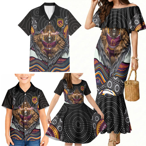 Brisbane Broncos Family Matching Mermaid Dress and Hawaiian Shirt The Scream of Lightning Eyes - Indigenous Dot Ripping Effect
