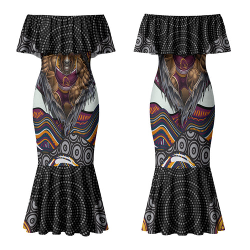 Brisbane Broncos Family Matching Mermaid Dress and Hawaiian Shirt The Scream of Lightning Eyes - Indigenous Dot Ripping Effect