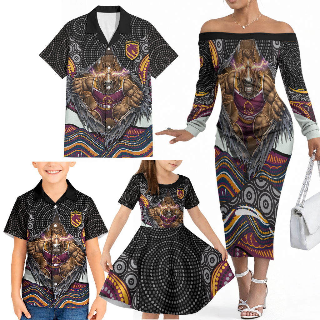 Brisbane Broncos Family Matching Off The Shoulder Long Sleeve Dress and Hawaiian Shirt The Scream of Lightning Eyes - Indigenous Dot Ripping Effect