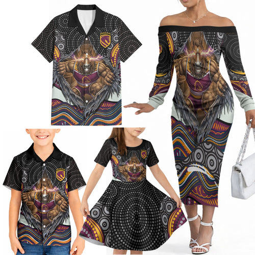 Brisbane Broncos Family Matching Off The Shoulder Long Sleeve Dress and Hawaiian Shirt The Scream of Lightning Eyes - Indigenous Dot Ripping Effect