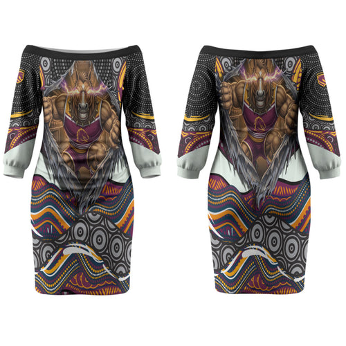 Brisbane Broncos Family Matching Off The Shoulder Long Sleeve Dress and Hawaiian Shirt The Scream of Lightning Eyes - Indigenous Dot Ripping Effect