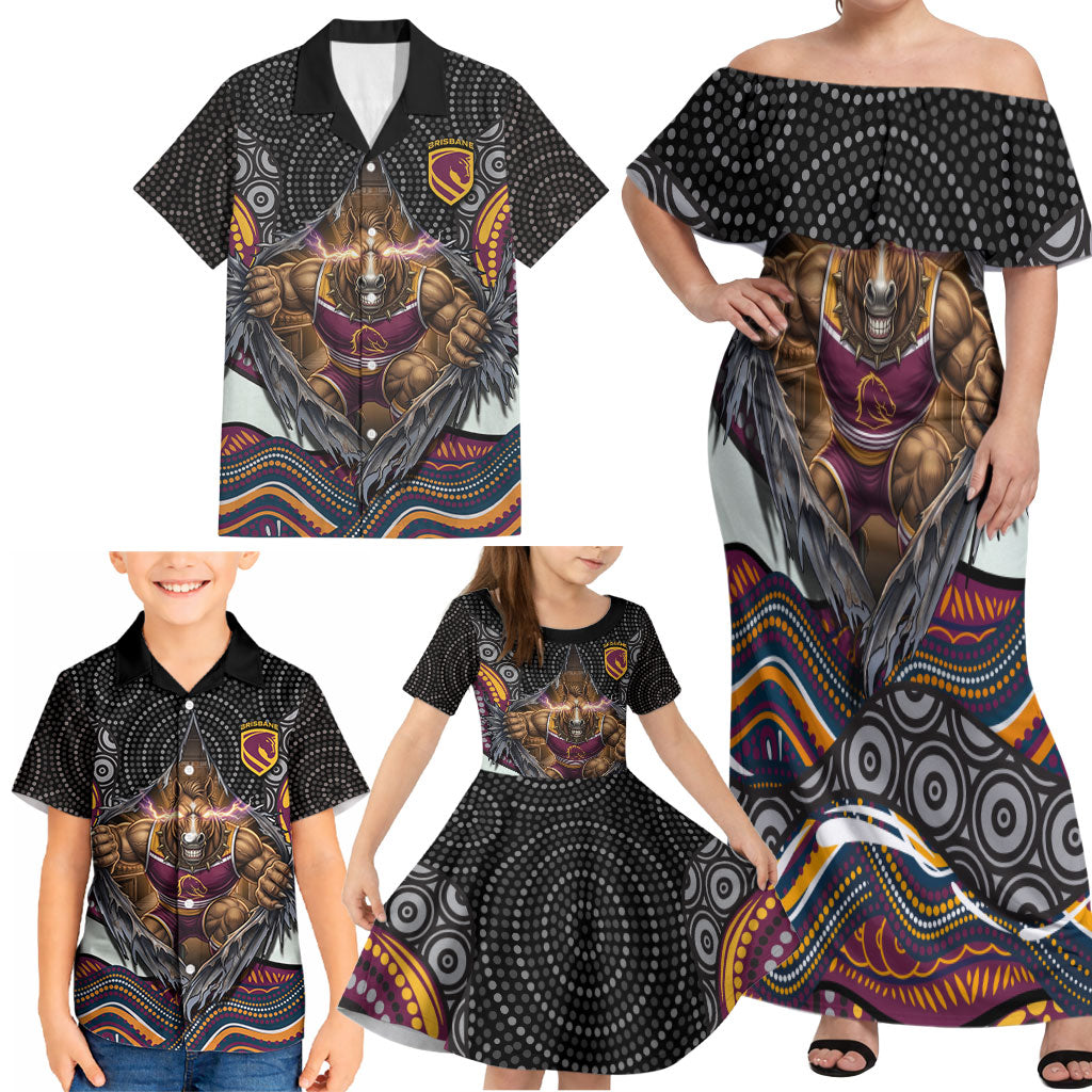 Brisbane Broncos Family Matching Off Shoulder Maxi Dress and Hawaiian Shirt The Scream of Lightning Eyes - Indigenous Dot Ripping Effect