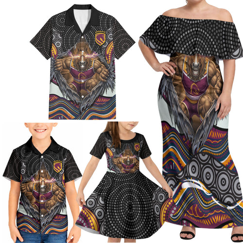 Brisbane Broncos Family Matching Off Shoulder Maxi Dress and Hawaiian Shirt The Scream of Lightning Eyes - Indigenous Dot Ripping Effect