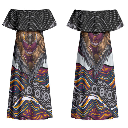 Brisbane Broncos Family Matching Off Shoulder Maxi Dress and Hawaiian Shirt The Scream of Lightning Eyes - Indigenous Dot Ripping Effect