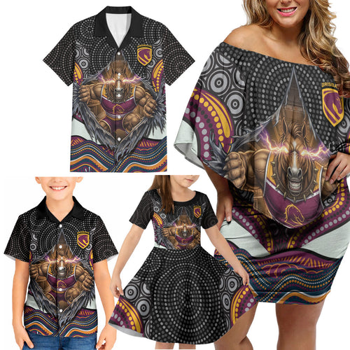 Brisbane Broncos Family Matching Off Shoulder Short Dress and Hawaiian Shirt The Scream of Lightning Eyes - Indigenous Dot Ripping Effect