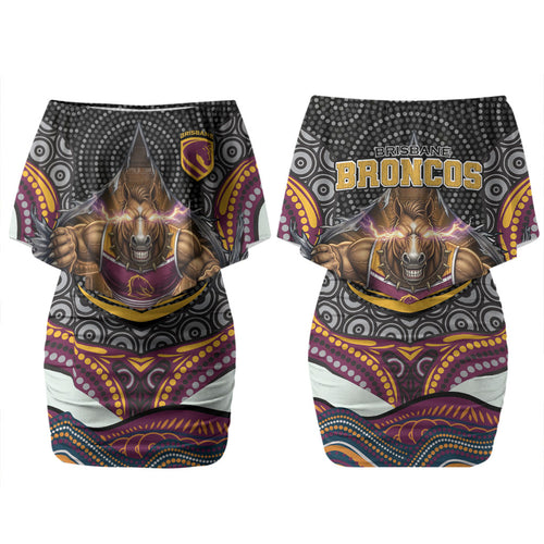 Brisbane Broncos Family Matching Off Shoulder Short Dress and Hawaiian Shirt The Scream of Lightning Eyes - Indigenous Dot Ripping Effect