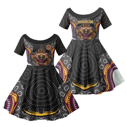 Brisbane Broncos Family Matching Off Shoulder Short Dress and Hawaiian Shirt The Scream of Lightning Eyes - Indigenous Dot Ripping Effect