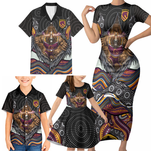 Brisbane Broncos Family Matching Short Sleeve Bodycon Dress and Hawaiian Shirt The Scream of Lightning Eyes - Indigenous Dot Ripping Effect