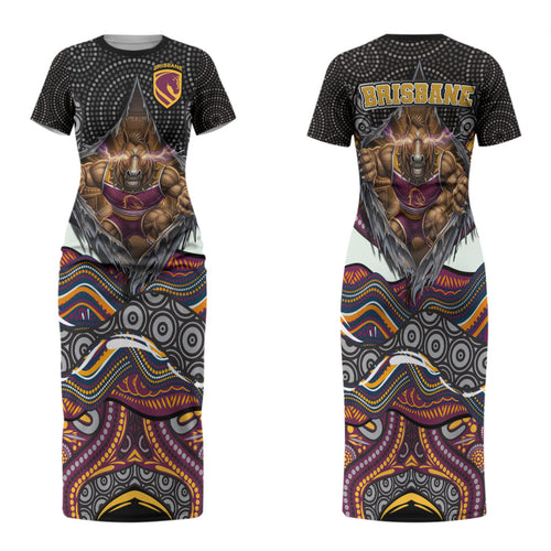 Brisbane Broncos Family Matching Short Sleeve Bodycon Dress and Hawaiian Shirt The Scream of Lightning Eyes - Indigenous Dot Ripping Effect