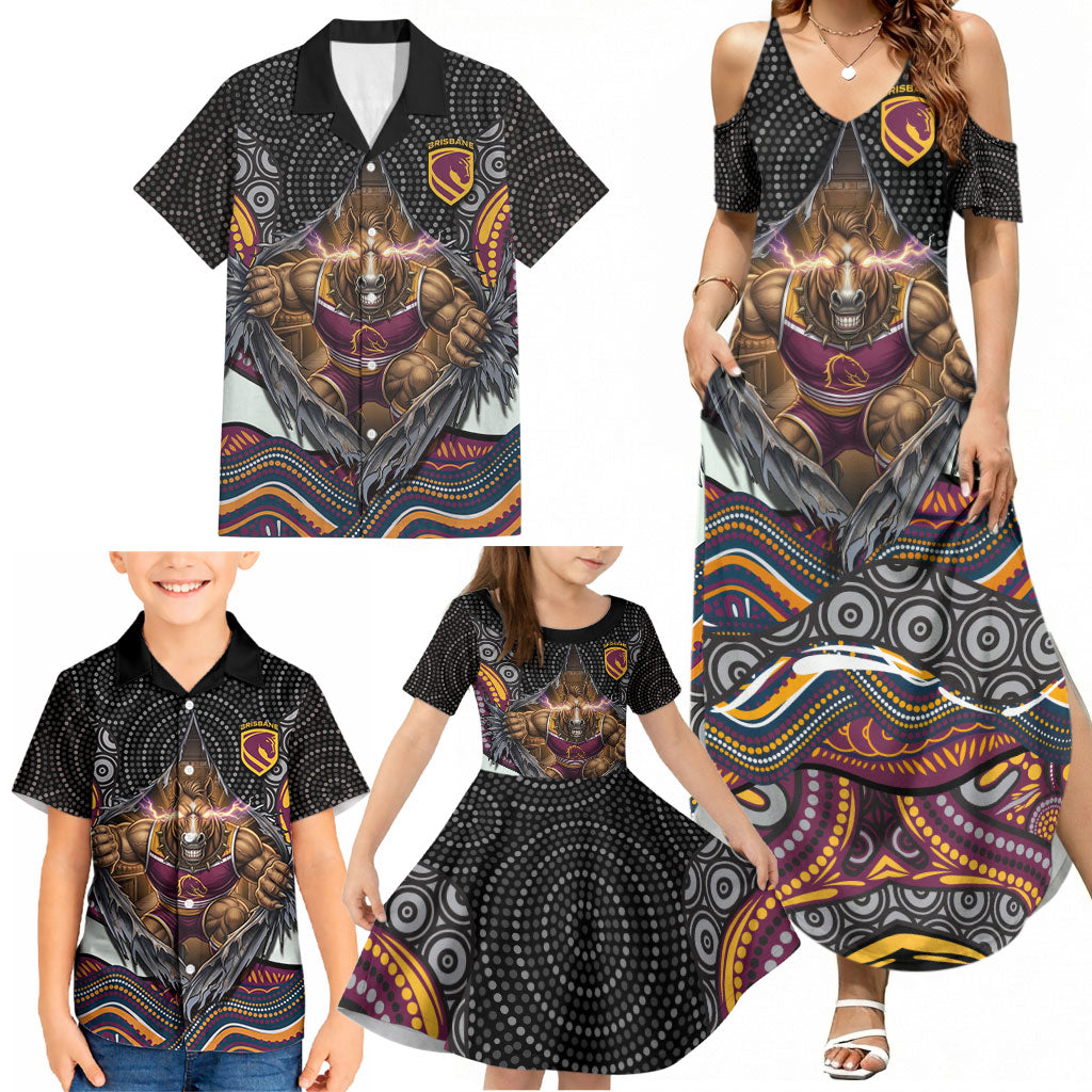 Brisbane Broncos Family Matching Summer Maxi Dress and Hawaiian Shirt The Scream of Lightning Eyes - Indigenous Dot Ripping Effect