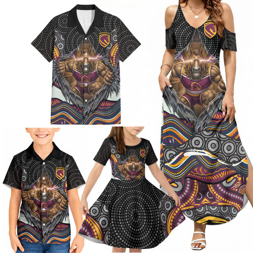 Brisbane Broncos Family Matching Summer Maxi Dress and Hawaiian Shirt The Scream of Lightning Eyes - Indigenous Dot Ripping Effect