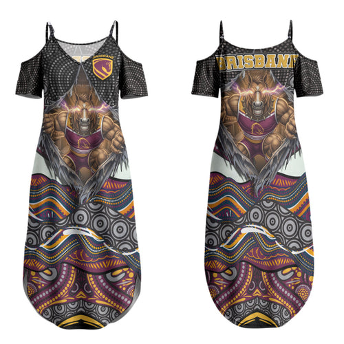 Brisbane Broncos Family Matching Summer Maxi Dress and Hawaiian Shirt The Scream of Lightning Eyes - Indigenous Dot Ripping Effect
