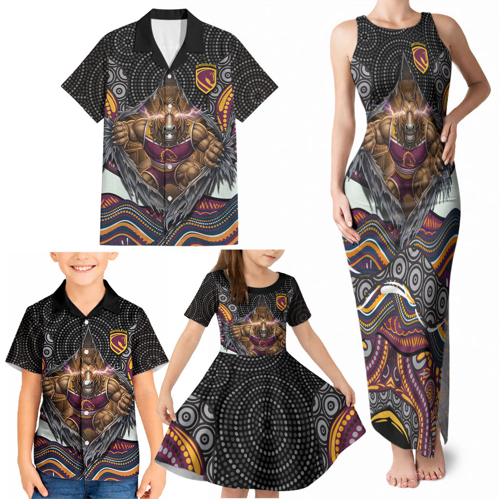 Brisbane Broncos Family Matching Tank Maxi Dress and Hawaiian Shirt The Scream of Lightning Eyes - Indigenous Dot Ripping Effect