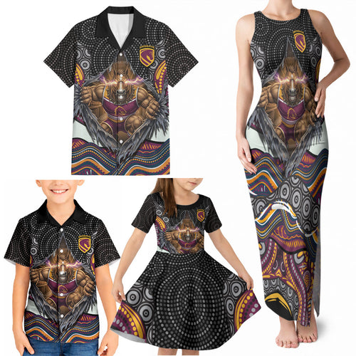 Brisbane Broncos Family Matching Tank Maxi Dress and Hawaiian Shirt The Scream of Lightning Eyes - Indigenous Dot Ripping Effect