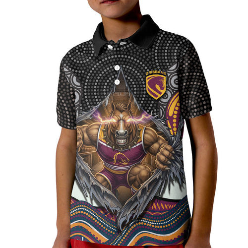 Brisbane Broncos Kid Polo Shirt The Scream of Lightning Eyes - Indigenous Dot Ripping Effect