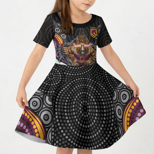 Brisbane Broncos Kid Short Sleeve Dress The Scream of Lightning Eyes - Indigenous Dot Ripping Effect