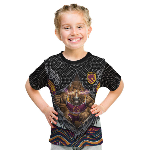 Brisbane Broncos Kid T Shirt The Scream of Lightning Eyes - Indigenous Dot Ripping Effect