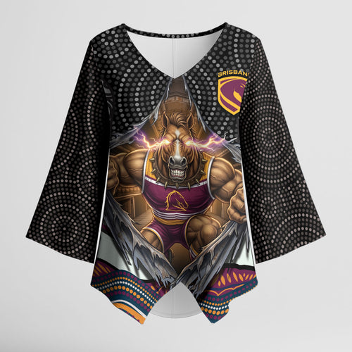 Brisbane Broncos Kimono Sleeve Blouse The Scream of Lightning Eyes - Indigenous Dot Ripping Effect