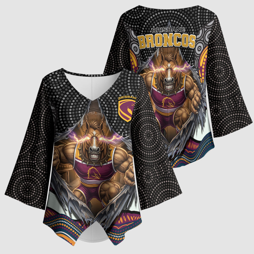 Brisbane Broncos Kimono Sleeve Blouse The Scream of Lightning Eyes - Indigenous Dot Ripping Effect