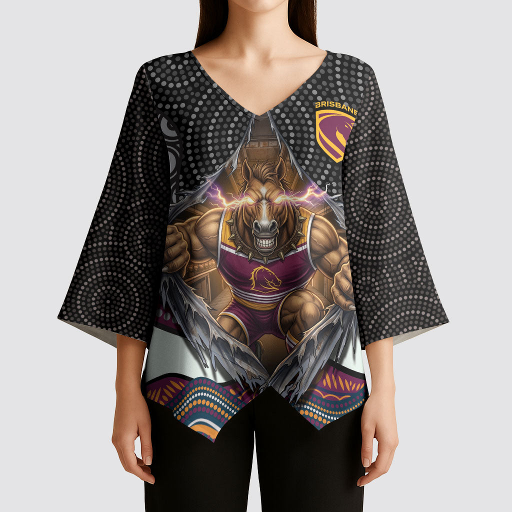 Brisbane Broncos Kimono Sleeve Blouse The Scream of Lightning Eyes - Indigenous Dot Ripping Effect
