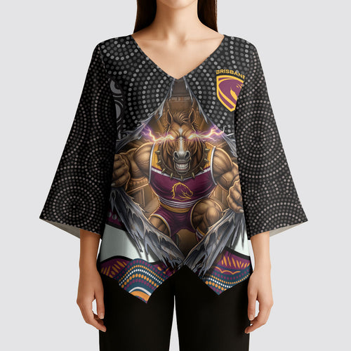 Brisbane Broncos Kimono Sleeve Blouse The Scream of Lightning Eyes - Indigenous Dot Ripping Effect