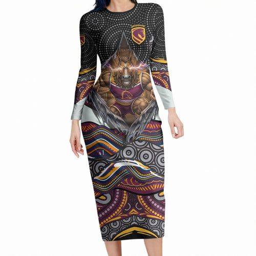 Brisbane Broncos Long Sleeve Bodycon Dress The Scream of Lightning Eyes - Indigenous Dot Ripping Effect