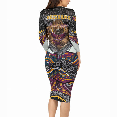 Brisbane Broncos Long Sleeve Bodycon Dress The Scream of Lightning Eyes - Indigenous Dot Ripping Effect