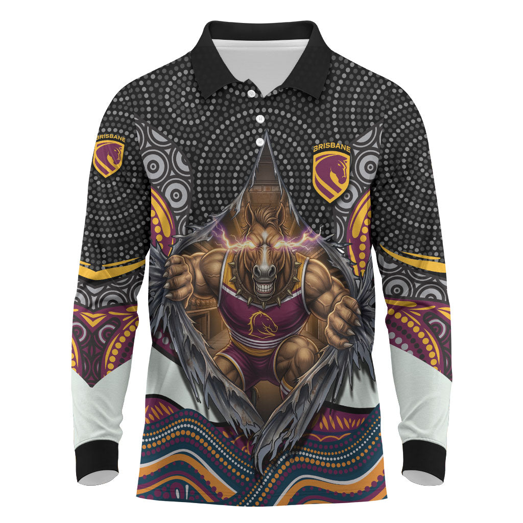 Brisbane Broncos Long Sleeve Polo Shirt The Scream of Lightning Eyes - Indigenous Dot Ripping Effect