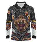 Brisbane Broncos Long Sleeve Polo Shirt The Scream of Lightning Eyes - Indigenous Dot Ripping Effect
