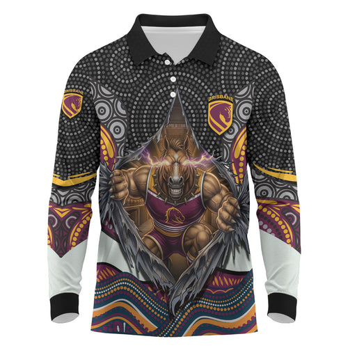 Brisbane Broncos Long Sleeve Polo Shirt The Scream of Lightning Eyes - Indigenous Dot Ripping Effect