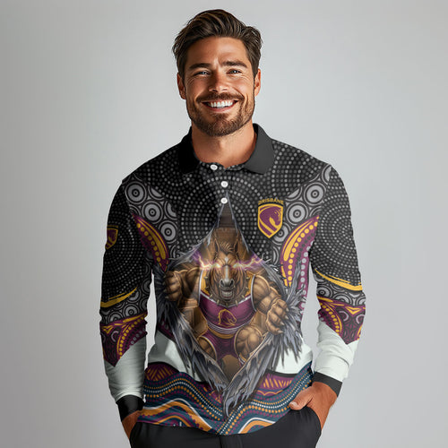 Brisbane Broncos Long Sleeve Polo Shirt The Scream of Lightning Eyes - Indigenous Dot Ripping Effect