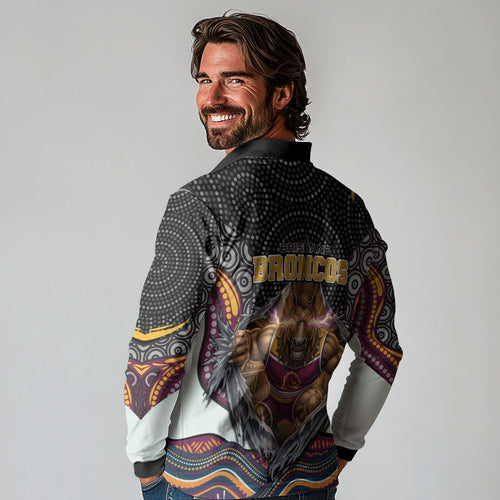 Brisbane Broncos Long Sleeve Polo Shirt The Scream of Lightning Eyes - Indigenous Dot Ripping Effect