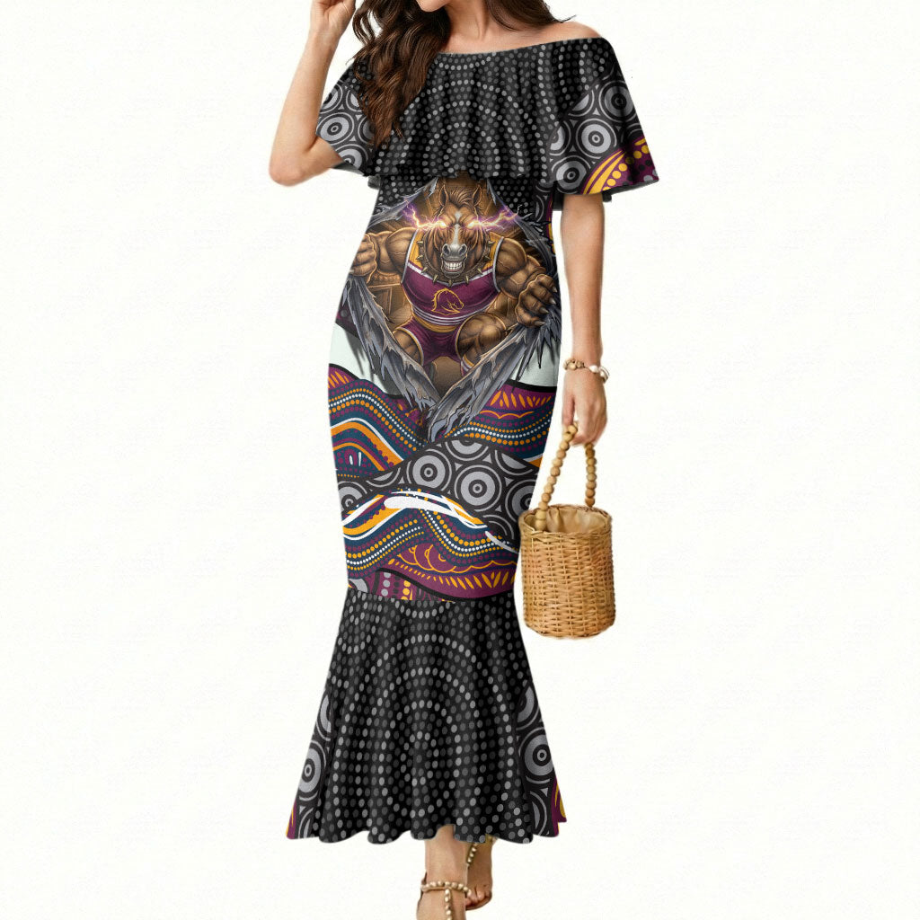 Brisbane Broncos Mermaid Dress The Scream of Lightning Eyes - Indigenous Dot Ripping Effect