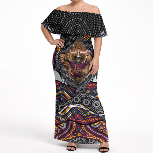 Brisbane Broncos Off Shoulder Maxi Dress The Scream of Lightning Eyes - Indigenous Dot Ripping Effect