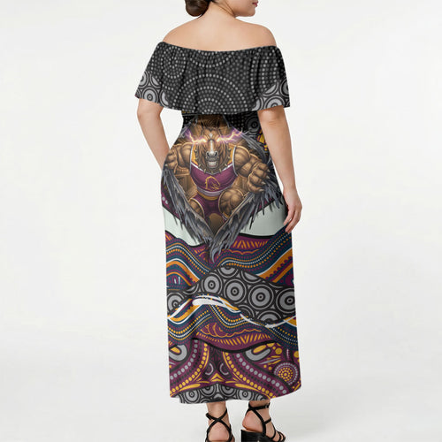 Brisbane Broncos Off Shoulder Maxi Dress The Scream of Lightning Eyes - Indigenous Dot Ripping Effect