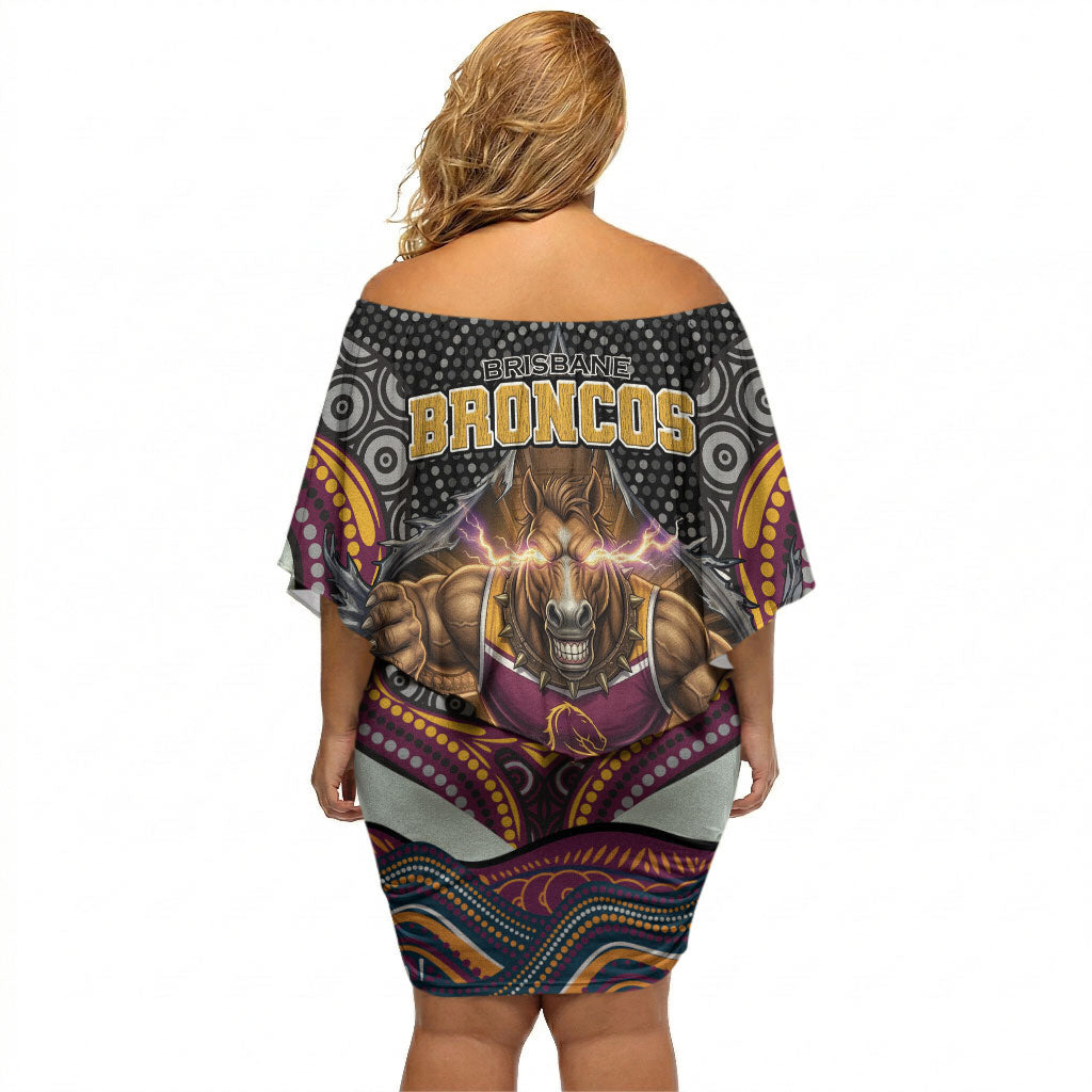 Brisbane Broncos Off Shoulder Short Dress The Scream of Lightning Eyes - Indigenous Dot Ripping Effect