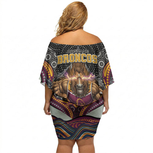 Brisbane Broncos Off Shoulder Short Dress The Scream of Lightning Eyes - Indigenous Dot Ripping Effect