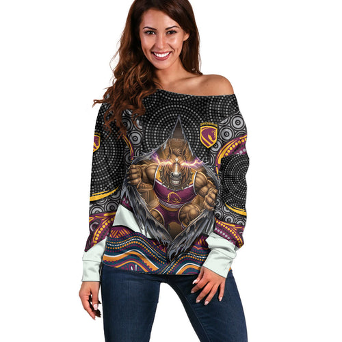 Brisbane Broncos Off Shoulder Sweater The Scream of Lightning Eyes - Indigenous Dot Ripping Effect