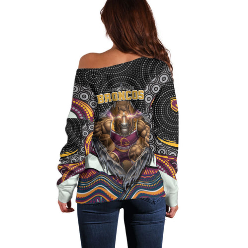 Brisbane Broncos Off Shoulder Sweater The Scream of Lightning Eyes - Indigenous Dot Ripping Effect