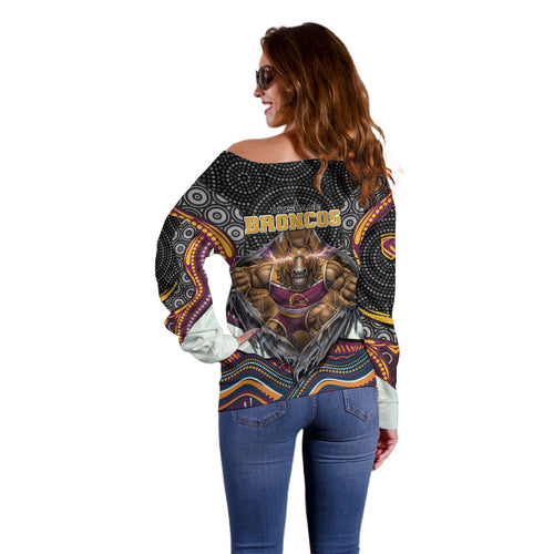 Brisbane Broncos Off Shoulder Sweater The Scream of Lightning Eyes - Indigenous Dot Ripping Effect