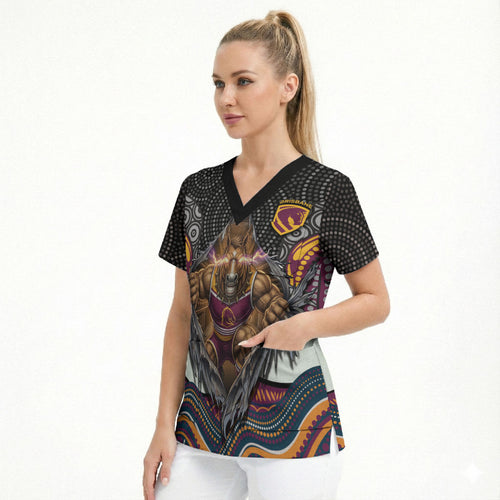 Brisbane Broncos Scrub Top The Scream of Lightning Eyes - Indigenous Dot Ripping Effect