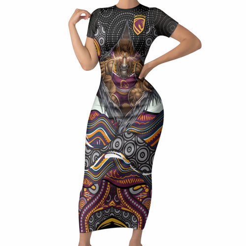 Brisbane Broncos Short Sleeve Bodycon Dress The Scream of Lightning Eyes - Indigenous Dot Ripping Effect
