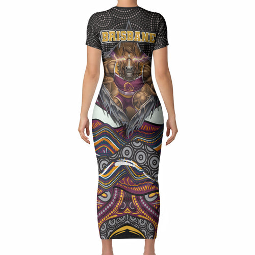 Brisbane Broncos Short Sleeve Bodycon Dress The Scream of Lightning Eyes - Indigenous Dot Ripping Effect