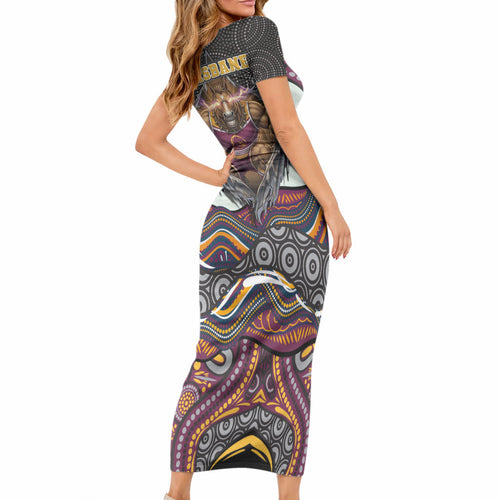 Brisbane Broncos Short Sleeve Bodycon Dress The Scream of Lightning Eyes - Indigenous Dot Ripping Effect
