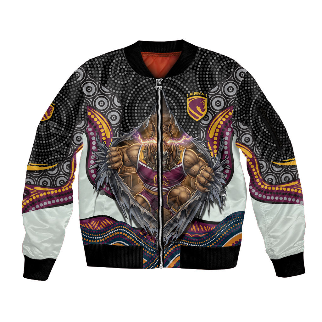 Brisbane Broncos Sleeve Zip Bomber Jacket The Scream of Lightning Eyes - Indigenous Dot Ripping Effect