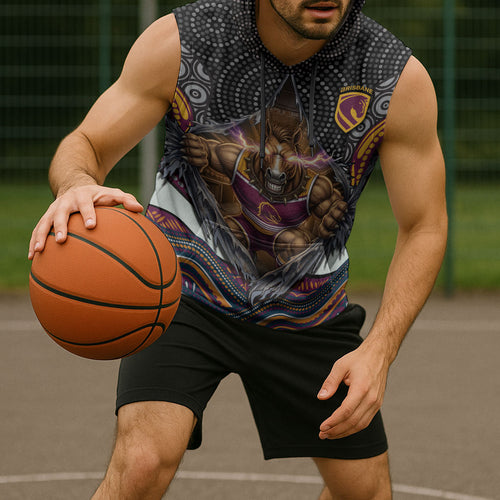 Brisbane Broncos Sleeveless Hoodie The Scream of Lightning Eyes - Indigenous Dot Ripping Effect