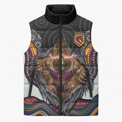 Brisbane Broncos Sleeveless Puffer Jacket The Scream of Lightning Eyes - Indigenous Dot Ripping Effect