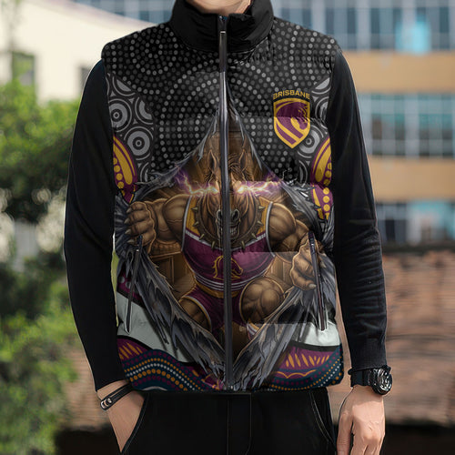 Brisbane Broncos Sleeveless Puffer Jacket The Scream of Lightning Eyes - Indigenous Dot Ripping Effect
