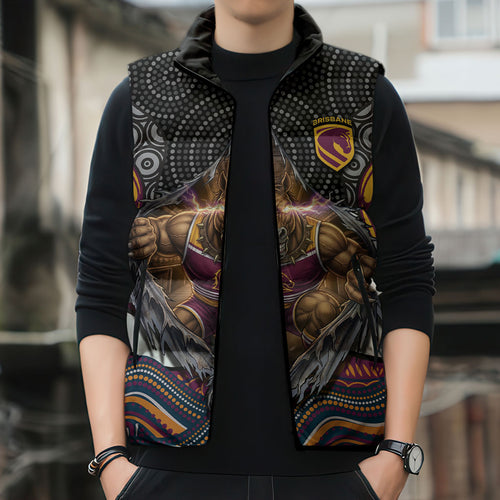 Brisbane Broncos Sleeveless Puffer Jacket The Scream of Lightning Eyes - Indigenous Dot Ripping Effect